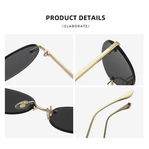 Detalles de gafas de sol ovaladas sin montura Y2K con patillas de metal dorado