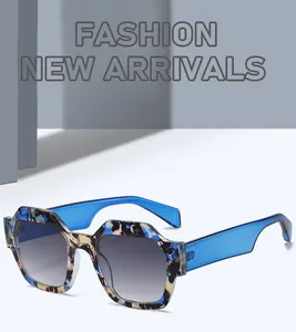 Detail view of stylish blue floral pattern polygonal frame sunglasses for women