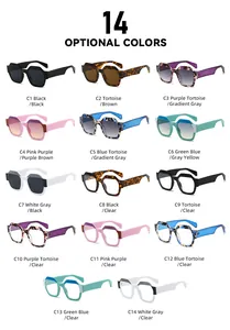 Visual guide of 14 color options for polygon frame sunglasses and clear lens glasses.