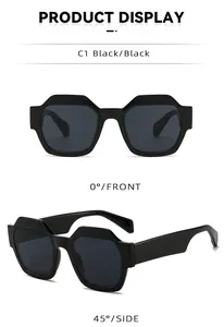 Front and side view of trendy black polygonal square sunglasses with UV protection