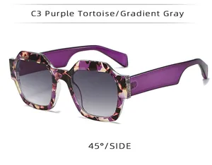 Side view of purple tortoise polygonal sunglasses with gradient gray lenses