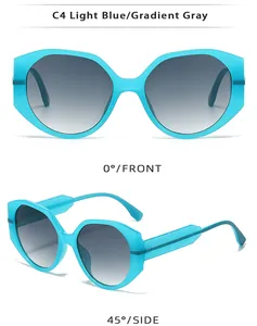 Lunettes de soleil oversize bleu clair avec verres gris dégradés en deux vues.