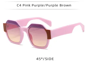 45-degree side view of trendy women's polygon sunglasses in pink purple and brown finish