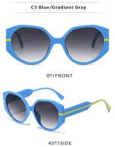 Vues détaillées de lunettes de soleil polygonales bleues avec verres dégradés gris