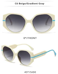 Vues détaillées de face et de profil à 45 degrés des lunettes de soleil beige oversize.