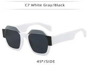 Detail view of white polygon frame sunglasses with UV protection at 45-degree angle