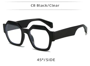 Detailed 45-degree side view of trendy black chunky polygon glasses featuring clear lenses
