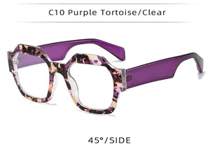 45-degree side view showing the purple tortoise pattern and hexagonal frame of the trendy eyewear