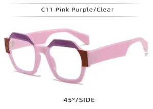 45-degree side view of polygon square sunglasses in pink purple and clear finish