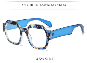 45-degree side view of polygonal blue tortoise patterned sunglasses with clear blue arms.