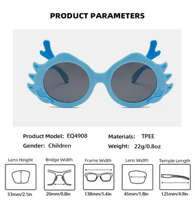 Detailed product parameters for cute blue cartoon dragon horn sunglasses for children.