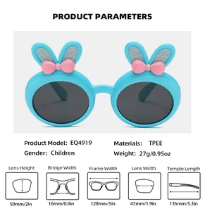 Detail view of children's bunny ear sunglasses with product specifications and dimensions