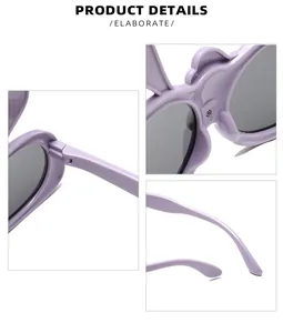 Detailed shots of purple kids rabbit sunglasses showing durable hinges and soft frame