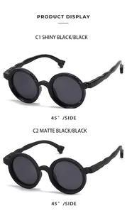 Detailed comparison between shiny black and matte black round kids polarized sunglasses.