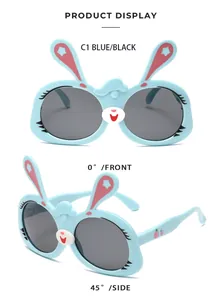 Detail views of blue bunny-shaped cartoon sunglasses for children featuring flexible TPEE frames