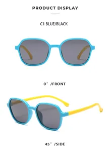 Blue and yellow kids polarized polygon sunglasses shown from front and 45-degree side angles.