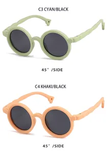 Detailed view of polarized round children's sunglasses in cyan and khaki silicone frames