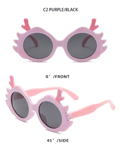 Professional front and side views of pink cartoon dragon horn children sunglasses
