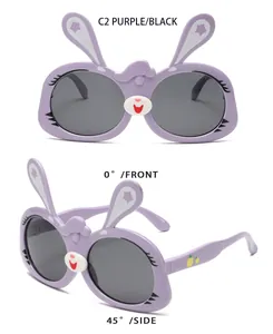 Front and side view of cute purple bunny-shaped sunglasses for kids with dark lenses.