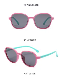 Kids polygonal sunglasses in pink and cyan blue from multiple angles.