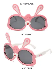 Detail view of pink rabbit-themed children sunglasses showing front and 45 degree angles
