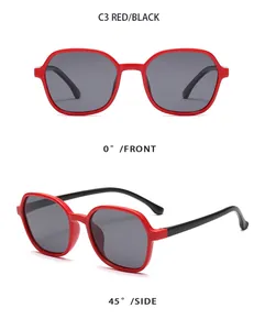 Detailed front and side view of red polygonal children's sunglasses with polarized lenses