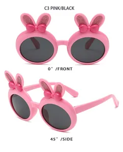 Front and side views of cute pink bunny ear sunglasses with bows for little girls