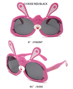 Detailed views of pink bunny-shaped children's sunglasses with soft frames