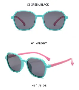 Detailed front and side views of children's mint green and pink polarized sunglasses