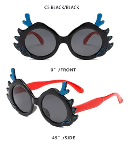 Detailed front and side views of children's dragon horn sunglasses in black and red