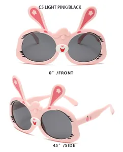 Detailed 0-degree front and 45-degree side views of pink cartoon rabbit sunglasses for kids.