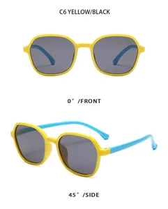 Multi-angle views of yellow children's square polarized sunglasses with blue temples