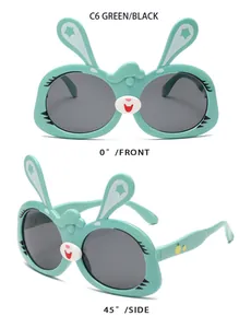 Detailed view of cute rabbit ears sunglasses for kids with green TPEE soft silicone frame