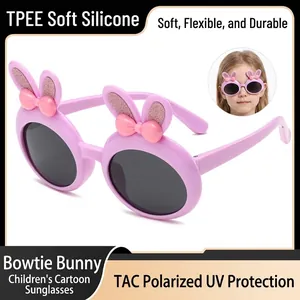 Cute Rabbit Ears Bow Kids Sunglasses TPEE Soft Silicone Frame TAC Polarized UV Protection Children Outdoor Sun Glasses