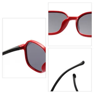 Kids polarized sunglasses with red soft silicone square frame showing detail close-ups