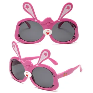 Cute pink rabbit cartoon sunglasses for kids with durable TPEE soft silicone frames