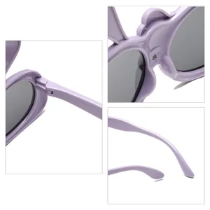 Detailed views of cute lavender bunny-eared sunglasses for kids with flexible TPEE frame