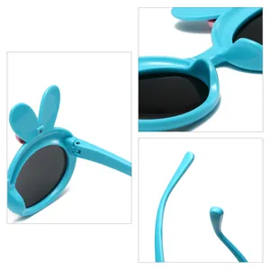 Adorable children's polarized sunglasses featuring blue rabbit ears and flexible TPEE frame