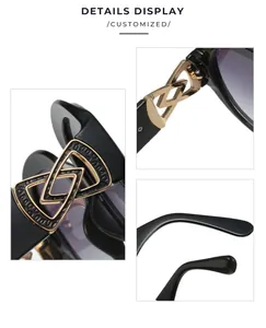 Close-up views of oversized sunglasses hinges and gold geometric frame details.