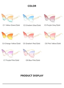 Gafas de sol de mariposa sin montura en ocho colores con montura de metal dorada
