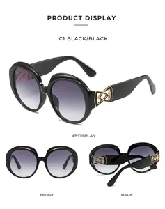 Multiple detail views of oversized black round sunglasses with gradient lenses and gold accents
