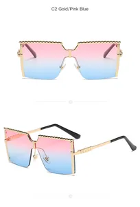 Detailed view of oversized square kids sunglasses with pink-blue gradient lenses.