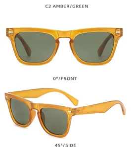 Gafas de sol retro con montura ámbar y lentes verdes, vistas frontal y lateral