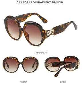 Detailed views of leopard print oversized round sunglasses with gradient brown lenses.