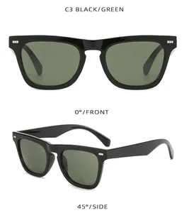 Vistas detalladas de gafas de sol retro negras con lentes verdes y detalles de remaches