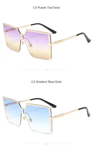 Lunettes de soleil carrées oversize, verres dégradés violet et bleu, monture dorée
