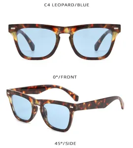 Gafas de sol retro de leopardo con lentes azules, vista frontal y lateral, detalle de clavos.