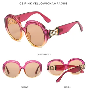 Multi-angle views showing front, back and 45-degree profile of pink gradient sunglasses