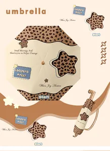 Sombrilla UV plegable de leopardo con diseño de estrellas y elegante funda a juego