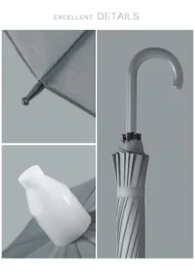 Close-up of 16-rib gray long handle umbrella details including a drip-proof cup cover
